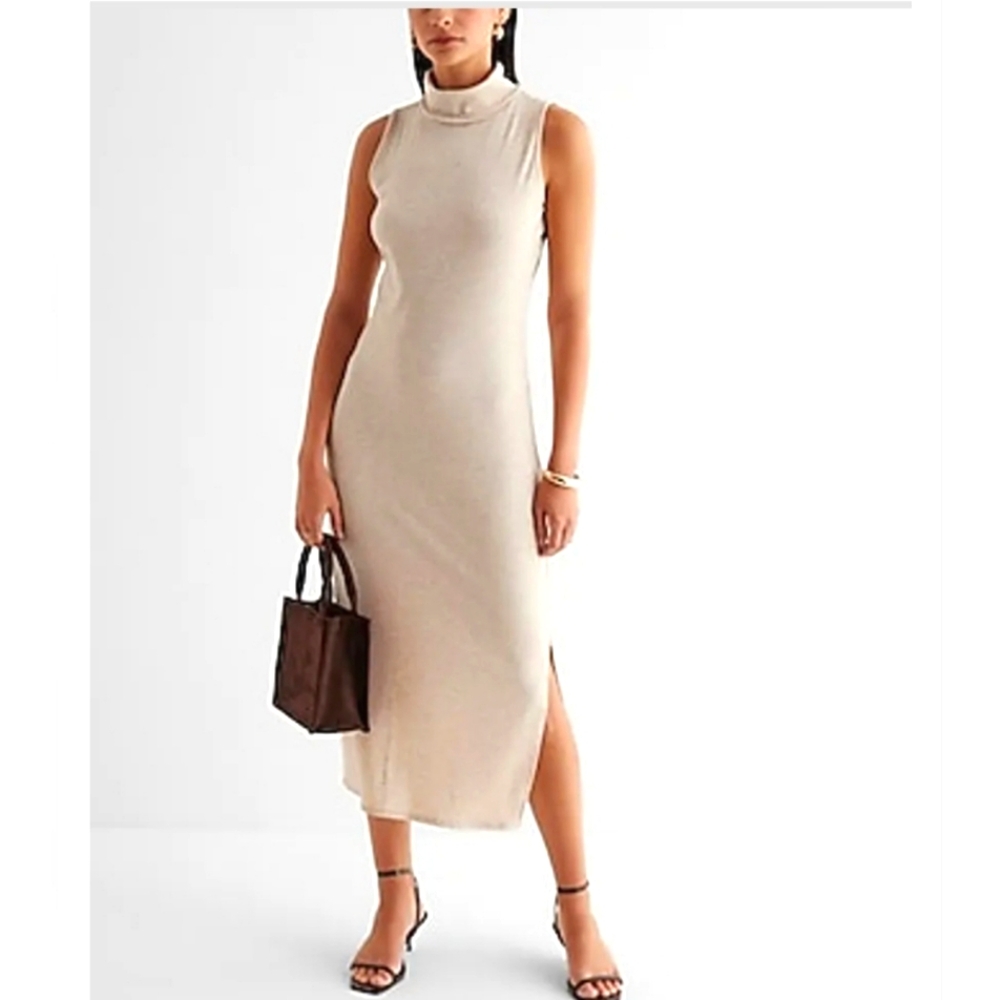 Express Ribbed Mock Neck Sleeveless Midi Dress Size Small NWOT - Oatmeal/Cream